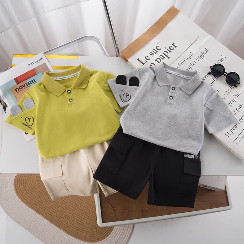 Boys' Stylish Outfit 2025 New Thin Summer Style 2-piece Set With Cartoon Lapel Short-sleeve Polo Shirt For Toddlers