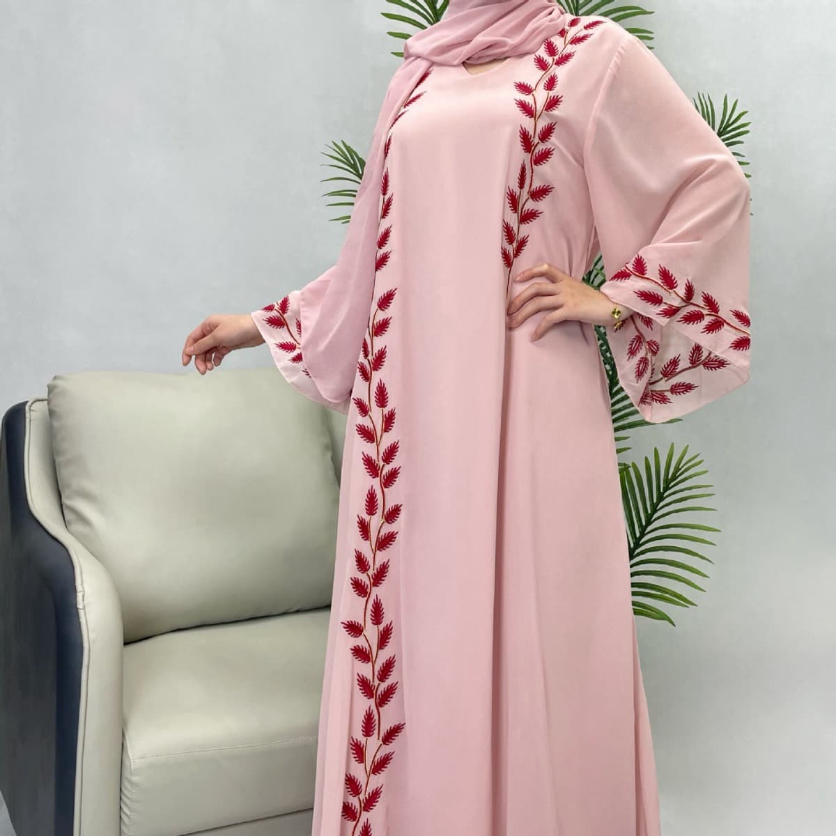 Women's Clothing Fashion Street Chiffon Pink Round Neck Plant Pattern Embroidered Long Dress