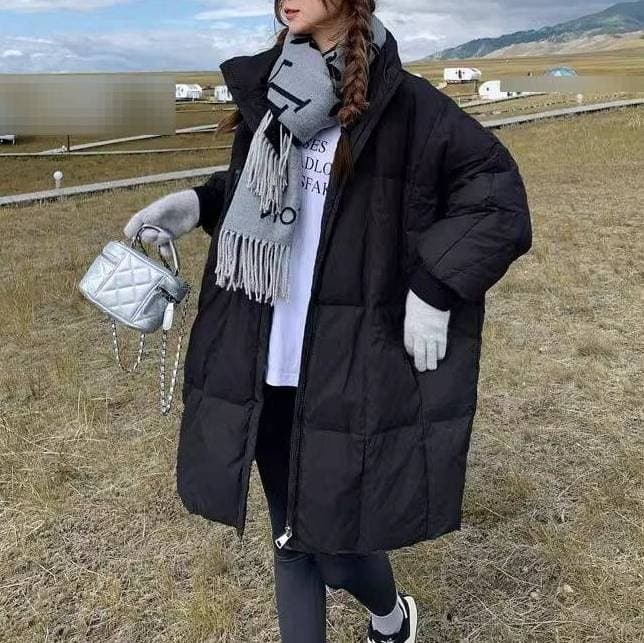 Women's Winter Down Cotton Coat, Thickened Long Puffer Jacket, Korean Style Loose Fit Stand Collar Outerwear With Pockets (Black, Khaki, Gray)