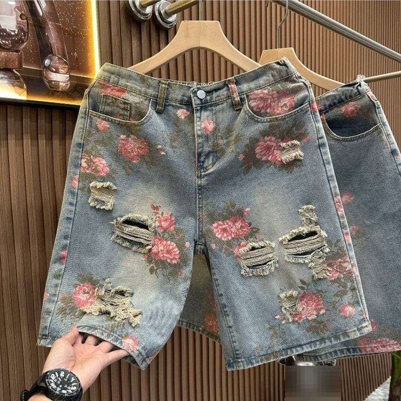 Men's American Retro Floral Print Ripped Denim Shorts Mid-Length Loose Straight Leg Five-Pocket Summer Trendy Cool Pants