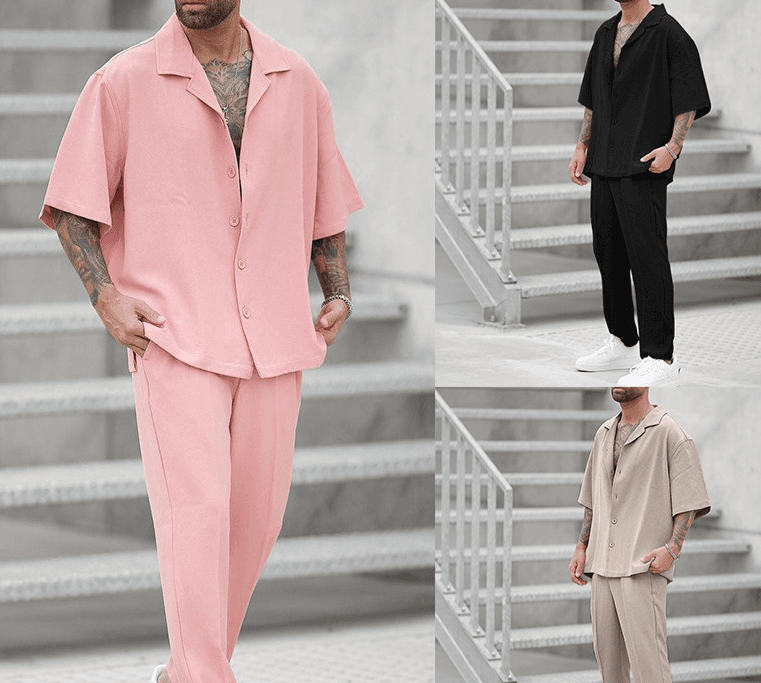 Men's Fashion Shirts And Casual Pants Two-piece Set Hot-selling Men's Clothing New Fit Trendy Solid Color Men's Fashion Suit