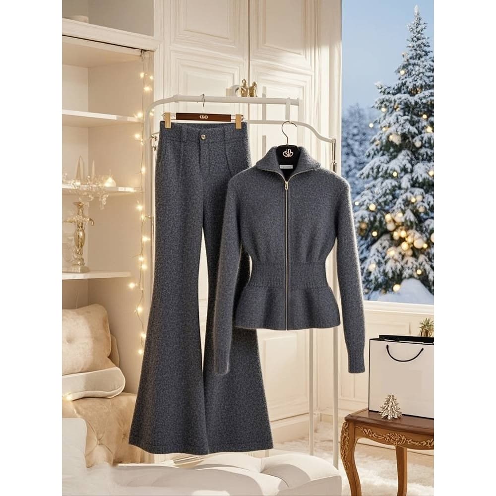 Women's Clothing Winter Wear A Complete Set ​Elegant Winter Outfit Set - Deep Gray Knit Cardigan & Wide-Leg Pants, Chic & Youthful Women's Suit​