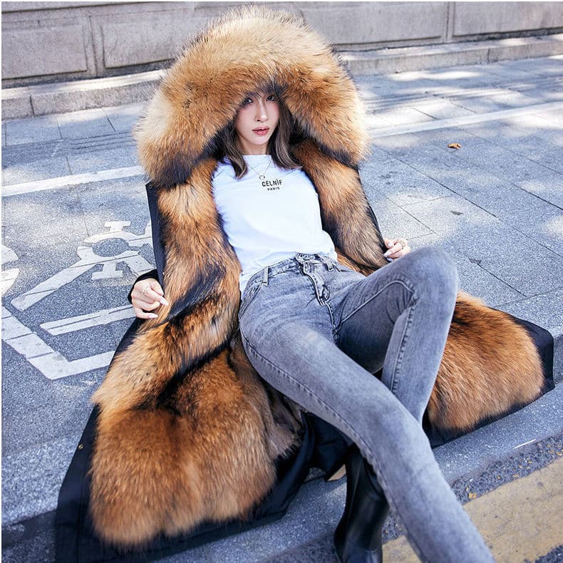 Women's Clothing Over Knee Length Parker Women's Raccoon Fur Liner Removable Leather Jacket Coat Off season Treatment