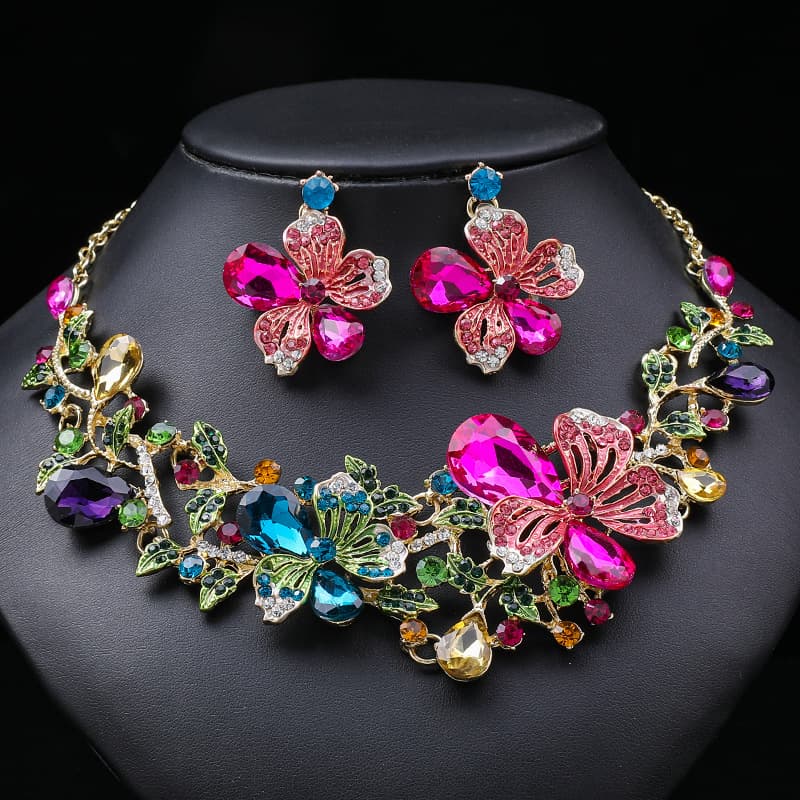 Designer's new colorful flowers European and American necklace set female light luxury gorgeous bride necklace painting oil jewel clavicle chain