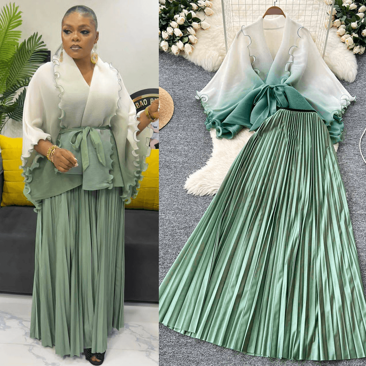 Women's Clothing Pleated Suit For Women With Waist Hugging Straps And Gradient Color Pleated Cardigan Tops, High Waist Pleated Skirt, Two Piece Suit