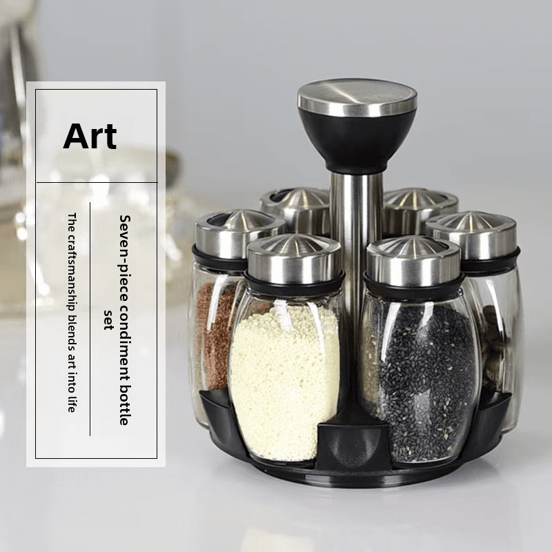7-Piece Rotating Spice Jar Set - Kitchen Seasoning Containers With Swivel Base (Salt Sugar Pepper Msg Glass Bottles With Wooden Stand)​