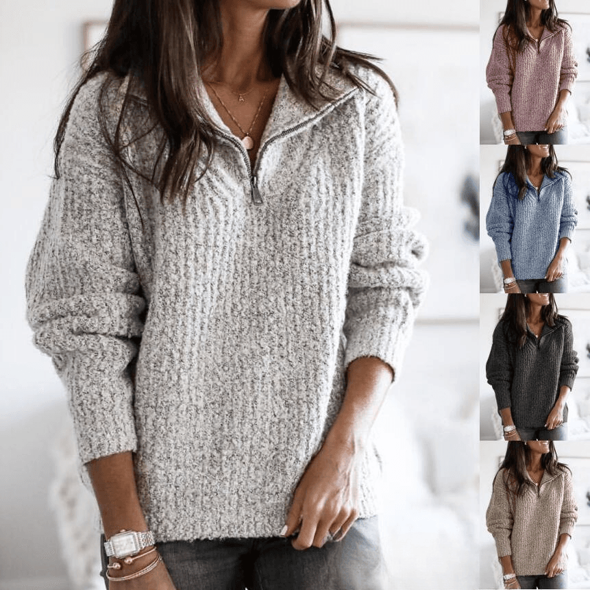 Women's Zip-Up Knit Sweater – Oversized Long Sleeve Pullover (S-3XL, 5 Colors)