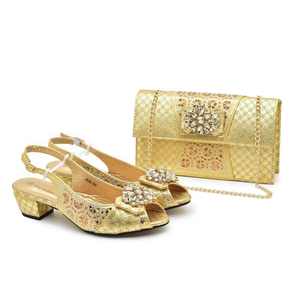 Women's Fashion High Heels Sandals Party Wedding Event Matching Rhinestone Embellished Flower Buckle Dress Shoes Bag Set