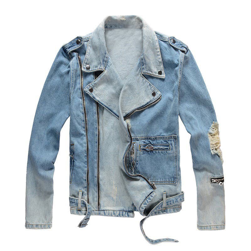 Men's Clothing American Retro Hole Men's Motorcycle Denim Jacket Jacket Destroyed Slim Fit Jacket Men Autumn And Winter 404