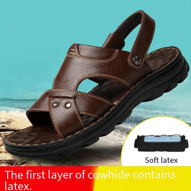 Men’s Shoes Men's Summer New Genuine Leather Beach Shoes Men's Latex Soft Bottom Leather Sandals Dual Purpose Non Slip Daddy Sandals