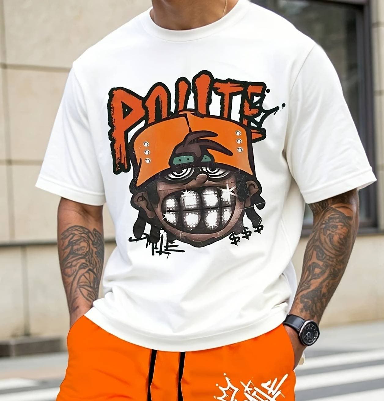 Men's Cotton Hip Hop Pattern T Shirt White Short Sleeve Round Cotton T Shirt