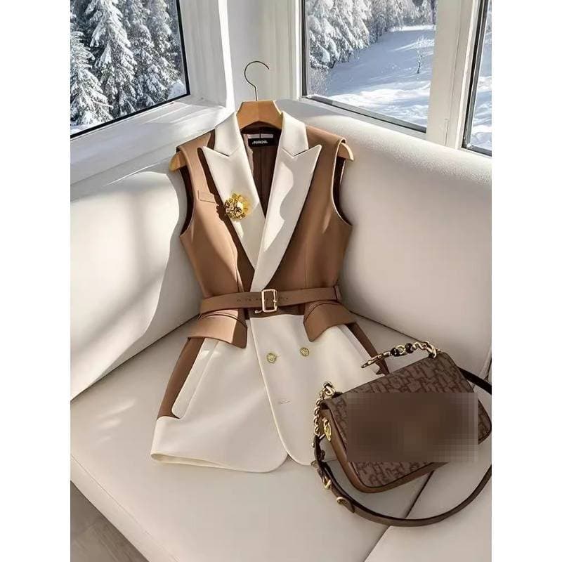 Women’s Tailored Coffee Brown Vest – Slim Fit, Spliced Design, Versatile Layering Piece (S-3XL)