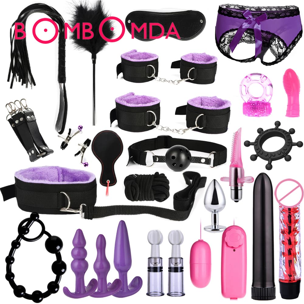 BDSM Kits Adults Toys For Women Men Handcuffs Nipple Clamps Whip Spanking Sex Metal Anal Plug Vibrator Butt Bdsm Bondage