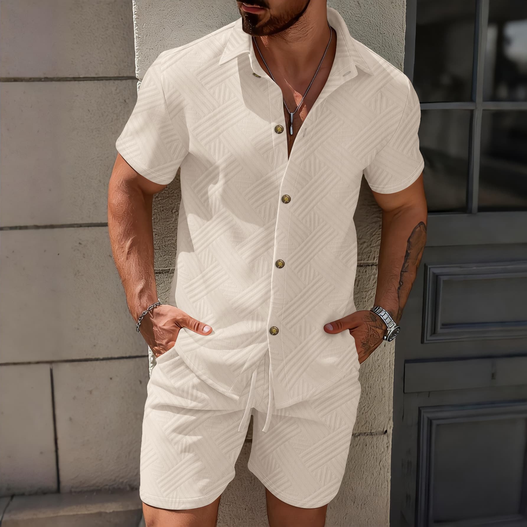 Men's Solid Color Jacquard Lapel Cardigan Short Sleeve Shirt And Shorts Set Casual Spring Two-Piece Outfit Black Beige Regular Fit