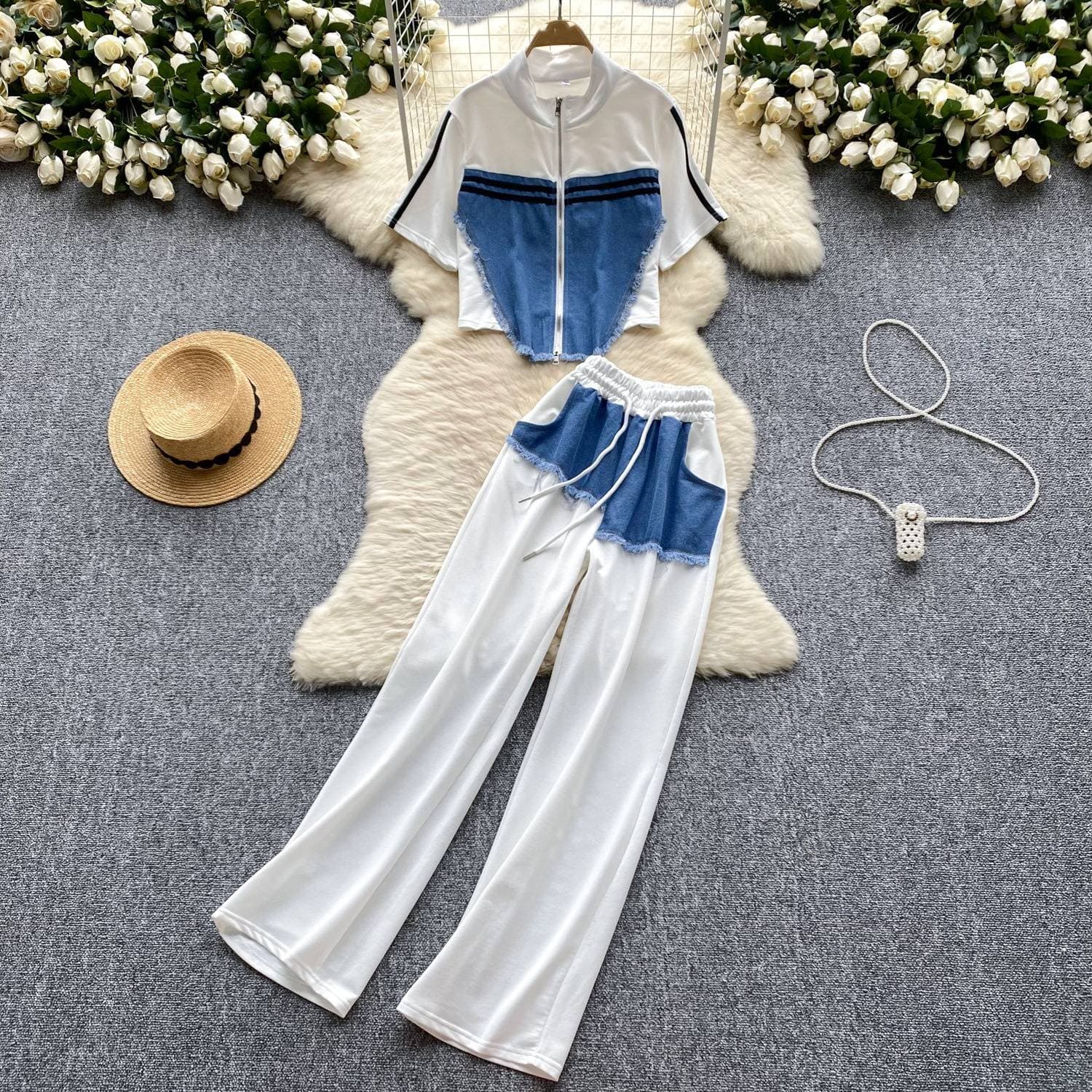 Women's Clothing denim patchwork distressed suit