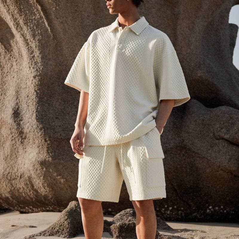 Men's Clothing 2025 Summer New Textured Polo Shirt Lapel Short-sleeved Suit