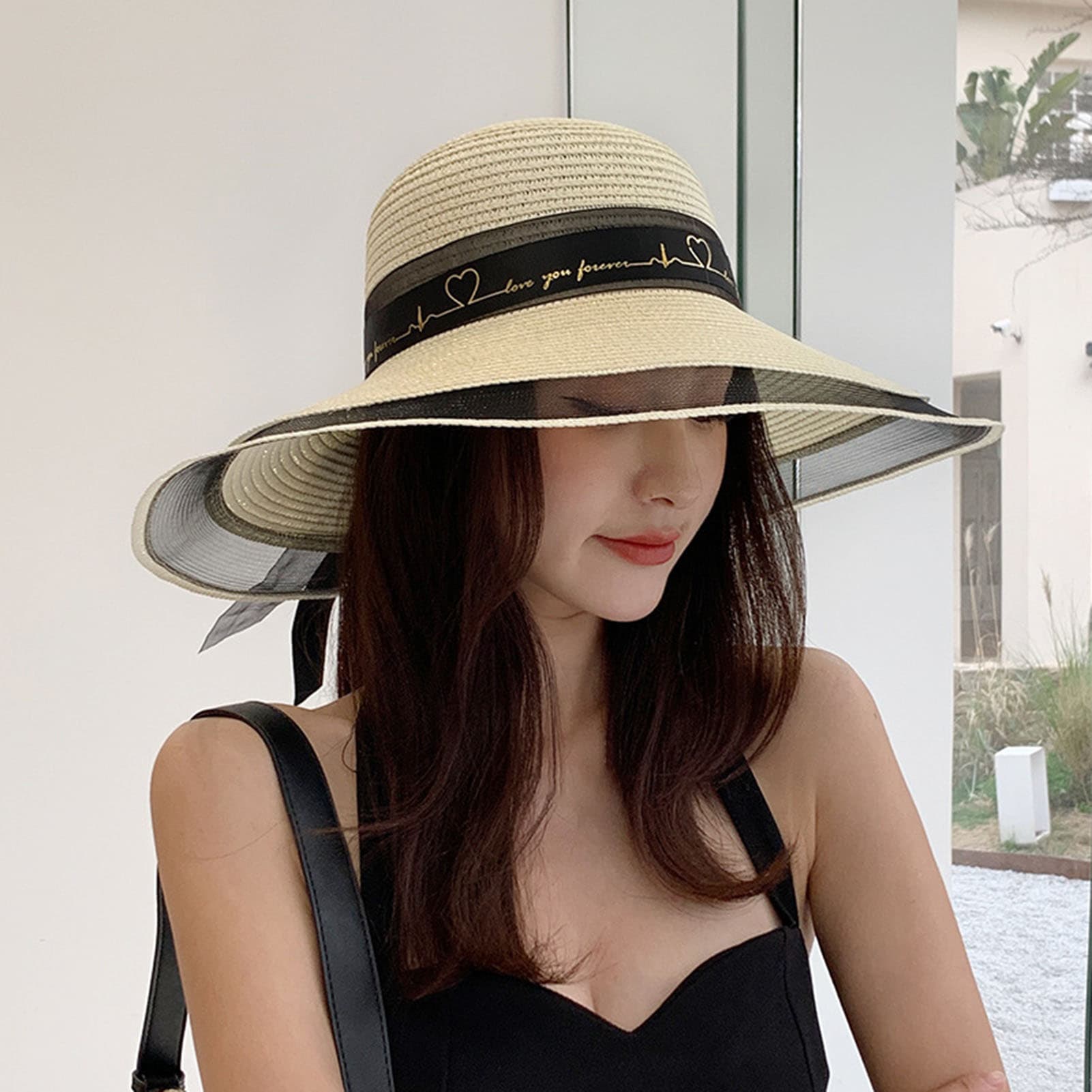 Women Straw See-through Bow-knot Decor Mesh Patchwork Bandage Large Brim Anti-UV Sun Protection Elegant Vacation Lady