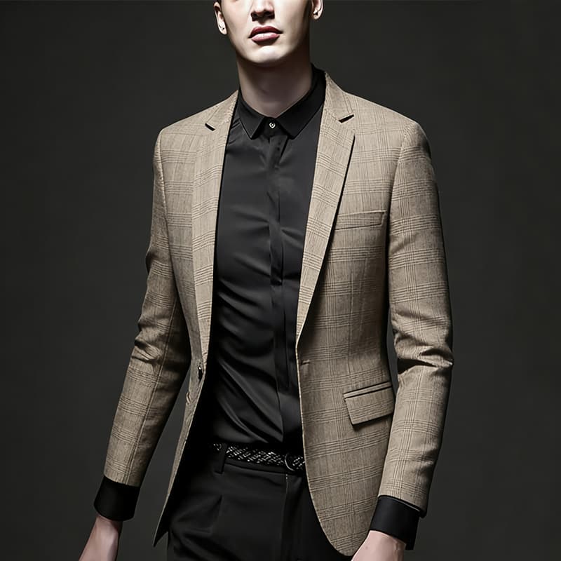 Modern Men's Business Casual Wool Blend Checkered Blazer - Slim Fit Single Breasted Suit Jacket For Office & Leisure