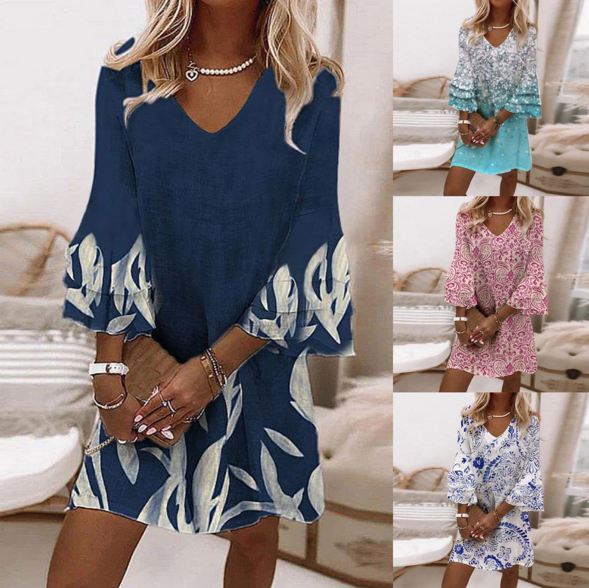 Women's Printed V-neck 3/4 Sleeve Mini Dress