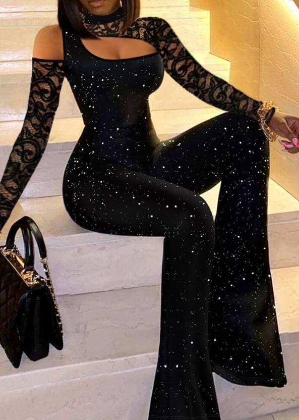 Women's Clothing women's lace splicing off shoulder slim fit jumpsuit wide leg pants