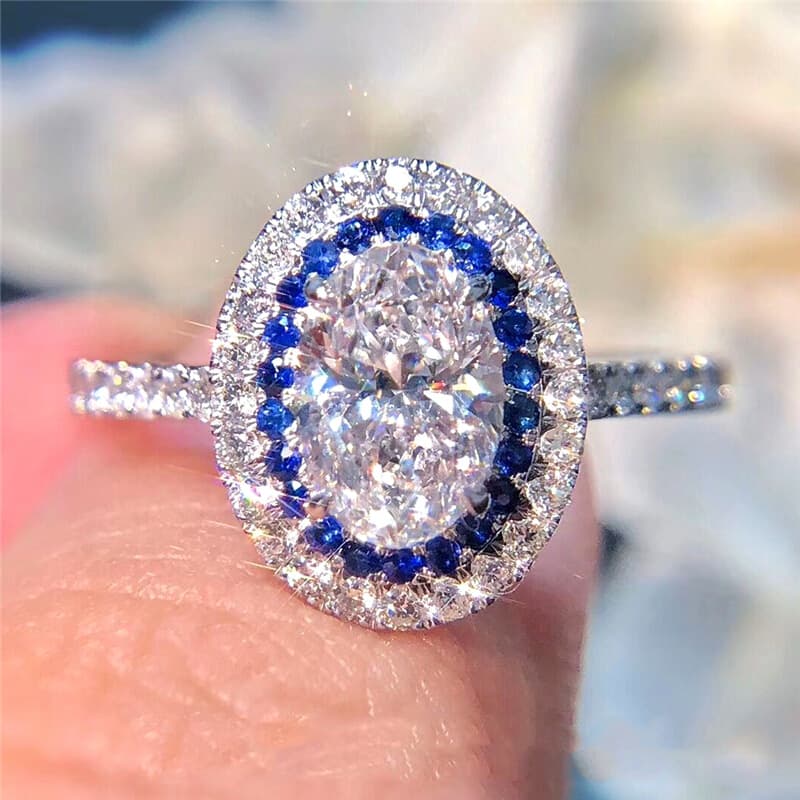 Blue Diamond Round Bag Ring, Charm Queen, Oval Zircon Ring, Engagement Women's Ring Accessories