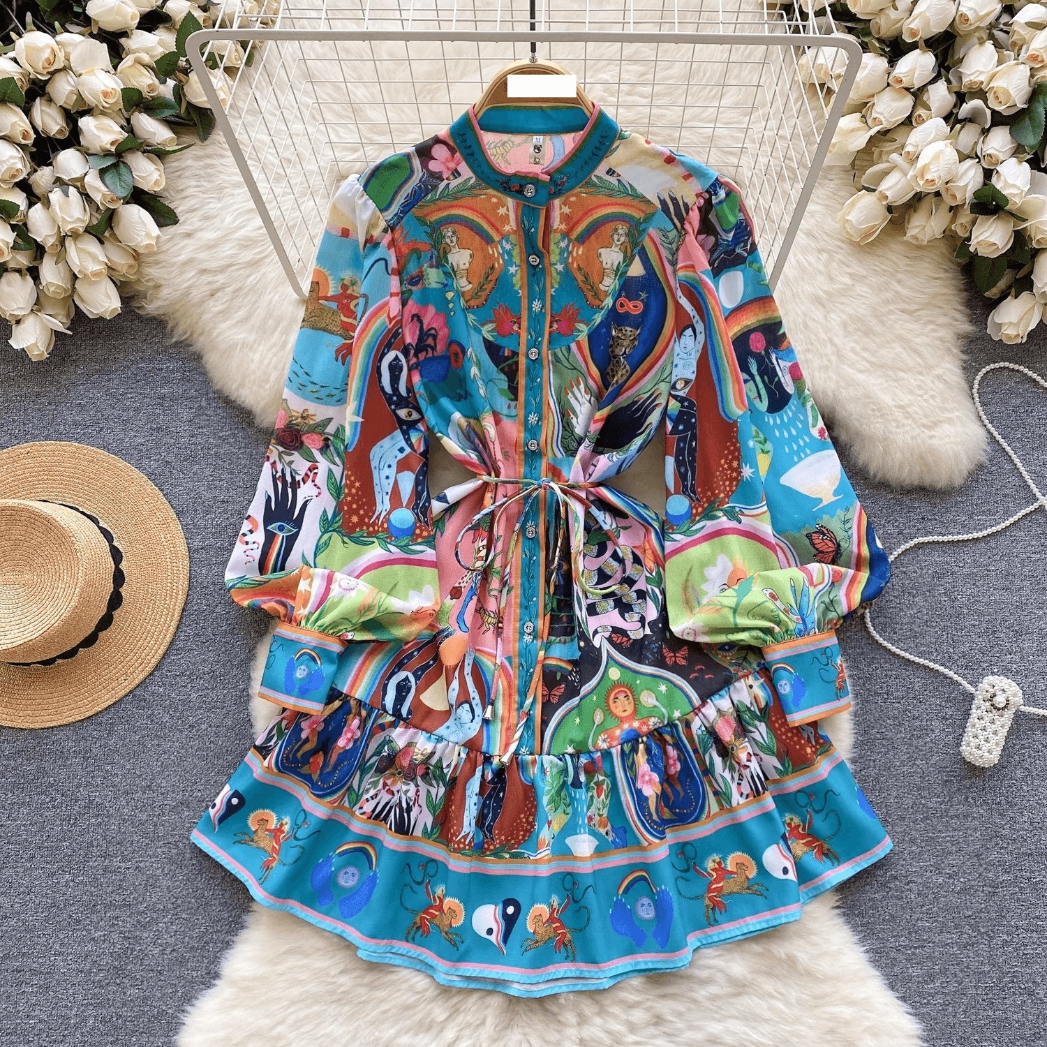 Women's Clothing Niche high end elegant printed short skirt women's French light luxury temperament stand up collar lantern sleeve loose waist dress