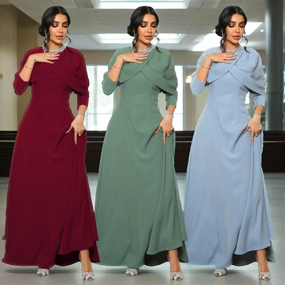 Elegant Muslim Abaya Dress With Beaded Neckline & Long Sleeves - Modest Islamic Clothing For Women (Blue/Burgundy, S-XXL)