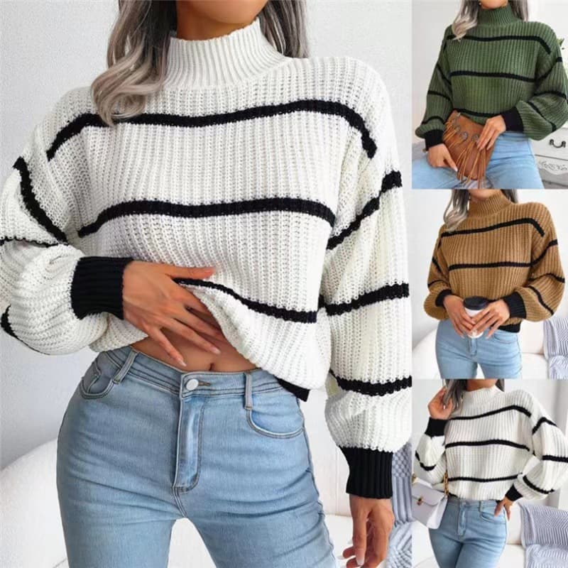 Women's casual striped lantern sleeve half-turtleneck sweater
