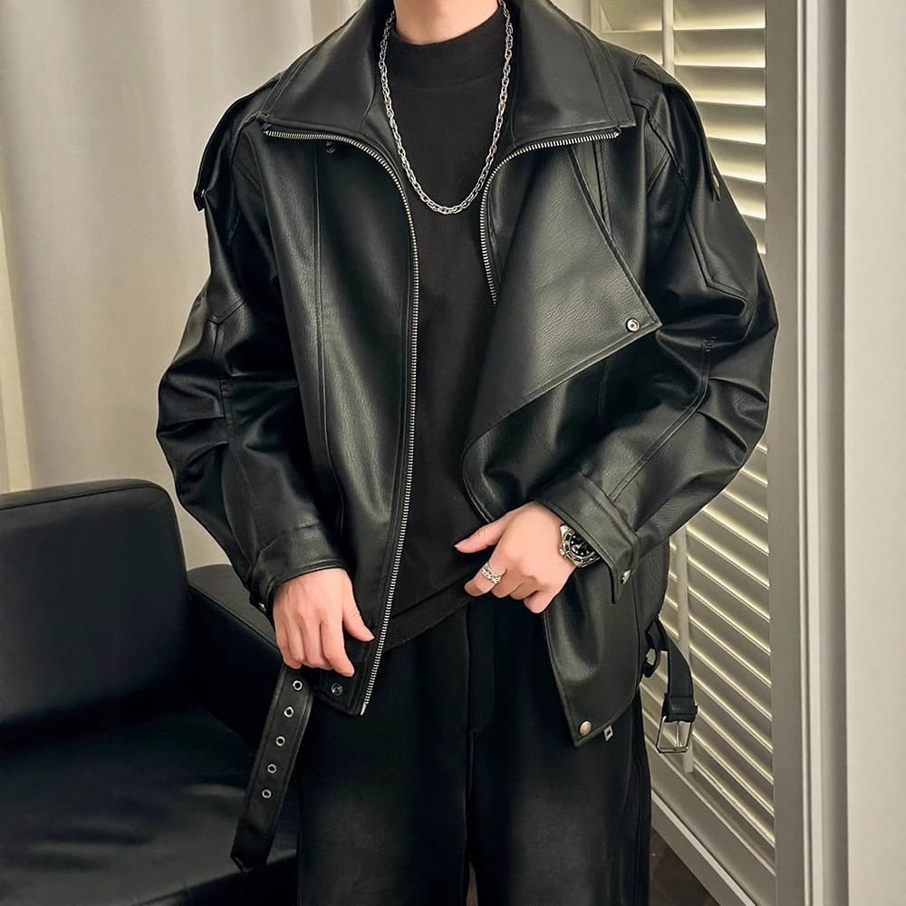 Men's Premium PU Leather Jacket – Streetwear Notch Lapel Biker Coat With Metallic Zippers & Drop-Shoulder Cut (M-XXL, Black/Brown)