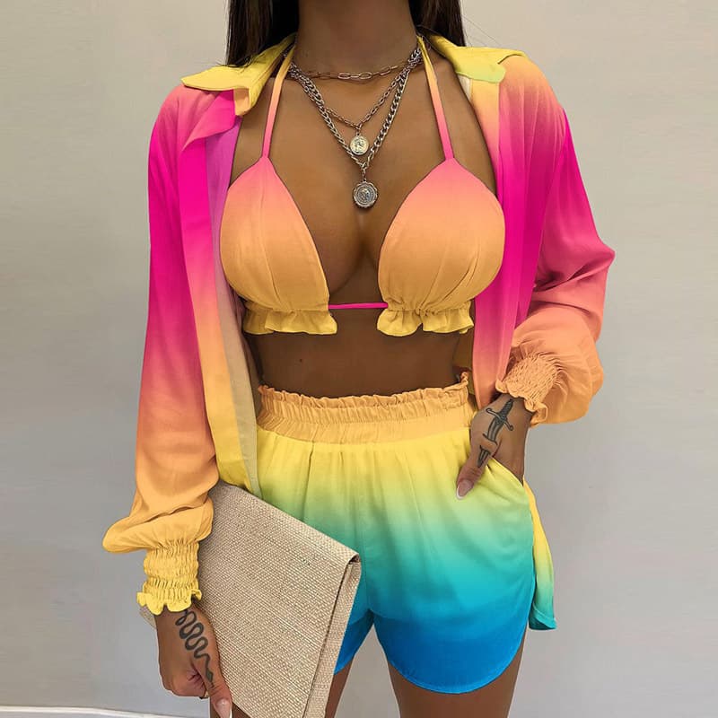 Female Clothing Sexy Printed Suspender Shirt Shorts Three-piece Suit For Women
