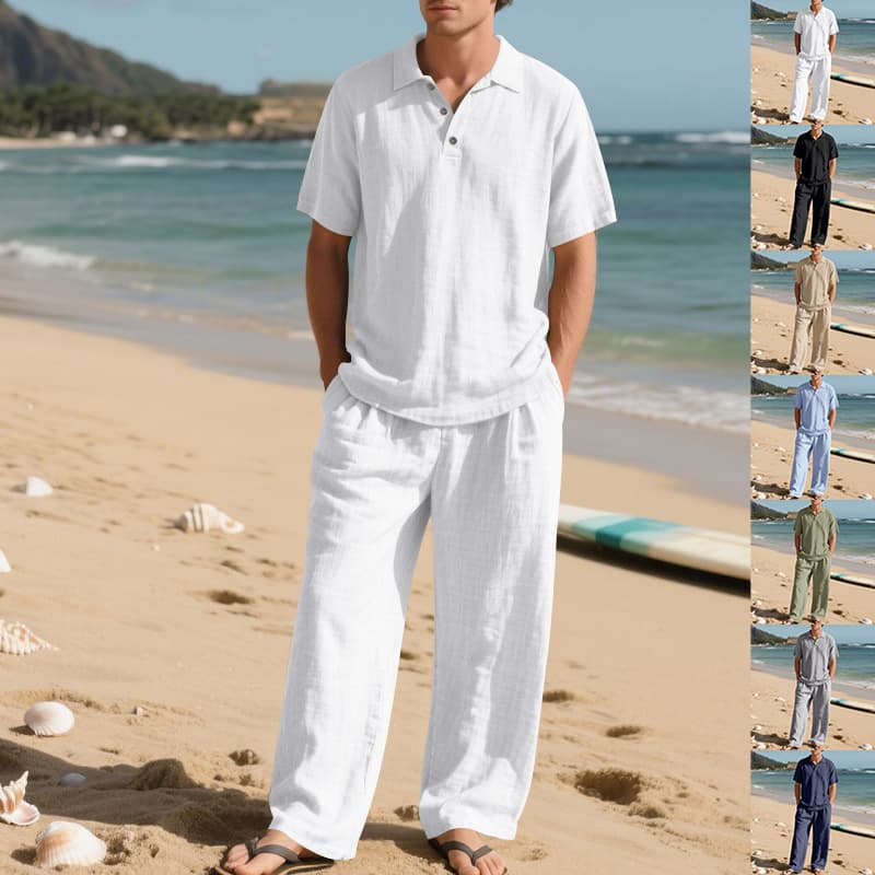 Summer And Autumn American Loose Men's Beach Linen Breathable Casual Large Size Lapel Trousers Suit