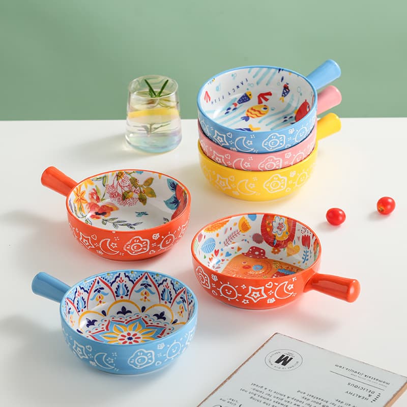Ceramic Bowl With Handle - Cute Cartoon Design For Fruits Salad & Noodles Oven Safe