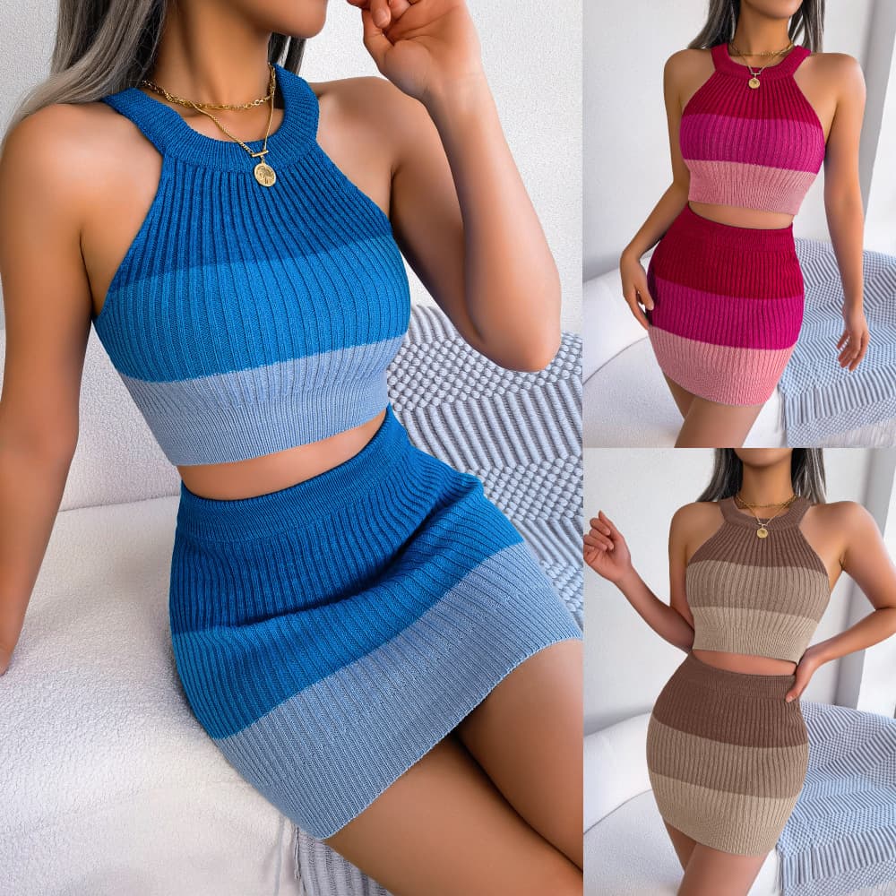 2023 Spring/Summer Fashion Gradient Color Open Umbilical Top Wrapped Hip Skirt Set Women's Clothing