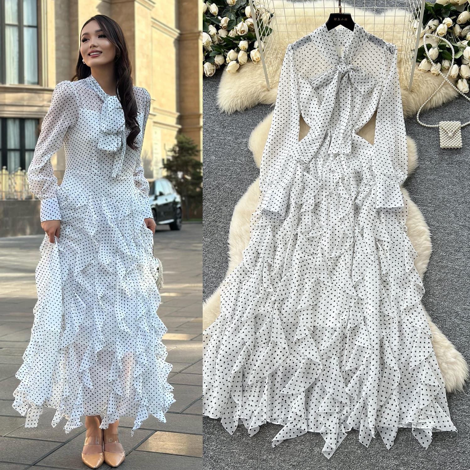 Women's Polka Dot Dress with Bow Tie Long Sleeve Irregular Ruffle Hem Sophisticated Unique Style for Autumn 2025