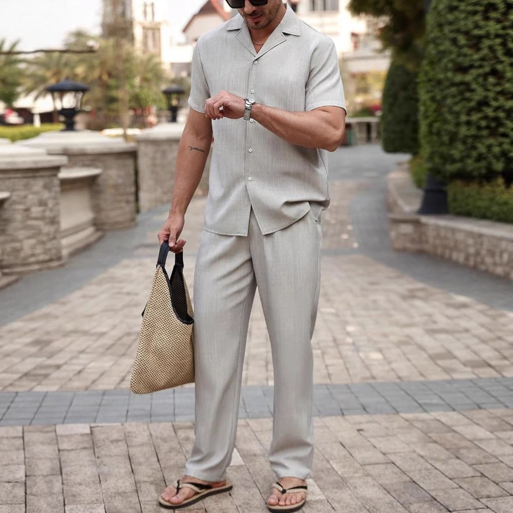 Men's Clothing Men's Casual Button-Down Short Sleeve Shirt & Long Pants Set - Lightweight Summer Office & Travel Outfit (Grey/Black, M-XXXL)​