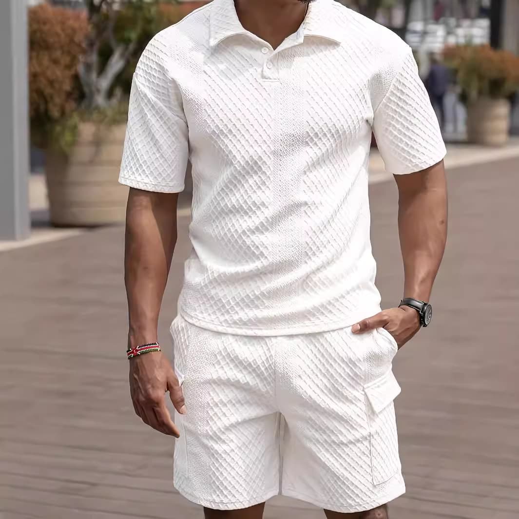 Men's Clothing Summer New Casual Button Down Lapel Shirt Solid Color Short Sleeved Shorts Suit For Men