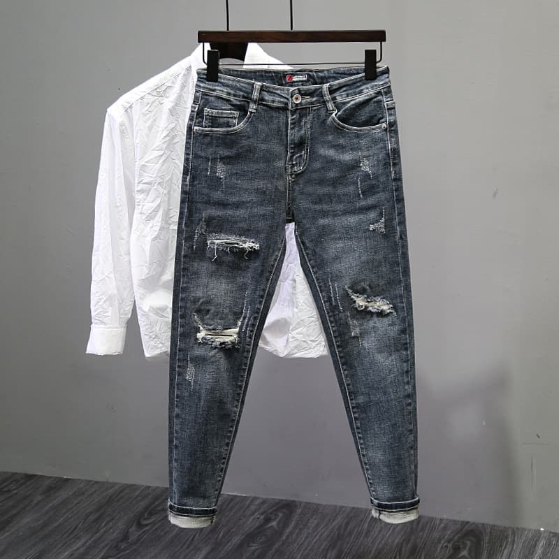 Ripped Jeans Men's New Summer Heavy-duty Washed Slim-fitting Small Feet Casual Ruffian Handsome Versatile Trendy Pants