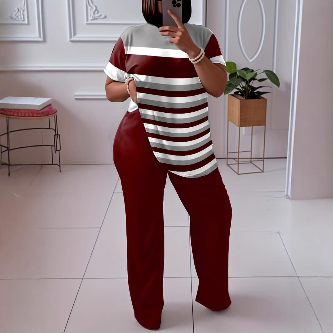 Trendy Plus-Size Matching Set: 3D Print Short-Sleeve Top & Wine Red Wide-Leg Pants – Bold Stripes & Comfort Stretch (Sizes L-5XL)​