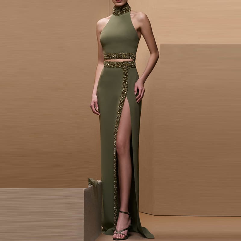 ​​Heavy Embellished Halter Top & High-Slit Midi Skirt Set – Beaded & Crystal-Studded Two-Piece Outfit For Parties & Evening Events