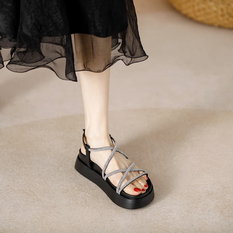 Super Hot Platform Thick-soled Roman Sandals For Women Fairy Style Summer 2024 New Soft-soled Rhinestones Versatile Fashion Small Size