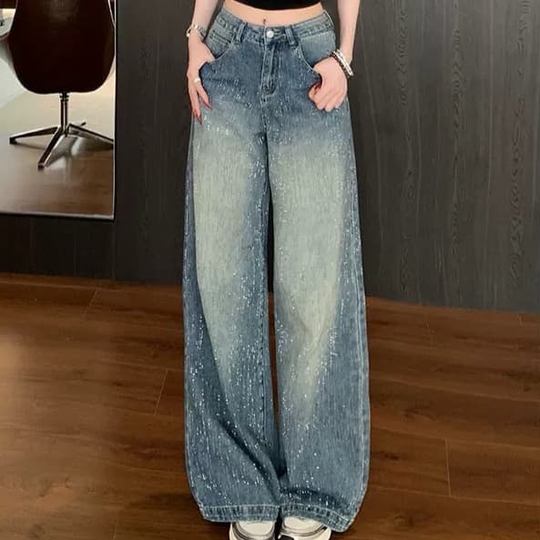 High-Waisted Floor-Length Jeans For Women Sparkling Rhinestones Luxurious Feel Perfect For Autumn