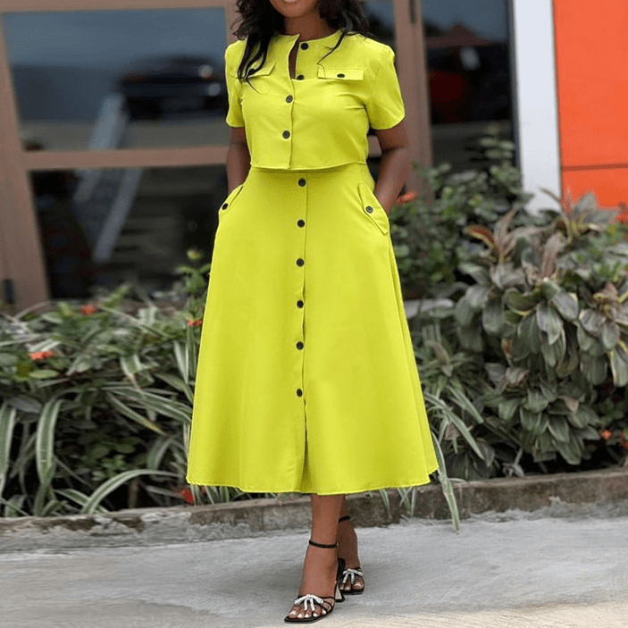 Women's new temperament round neck short-sleeved top high waist button-down skirt suit