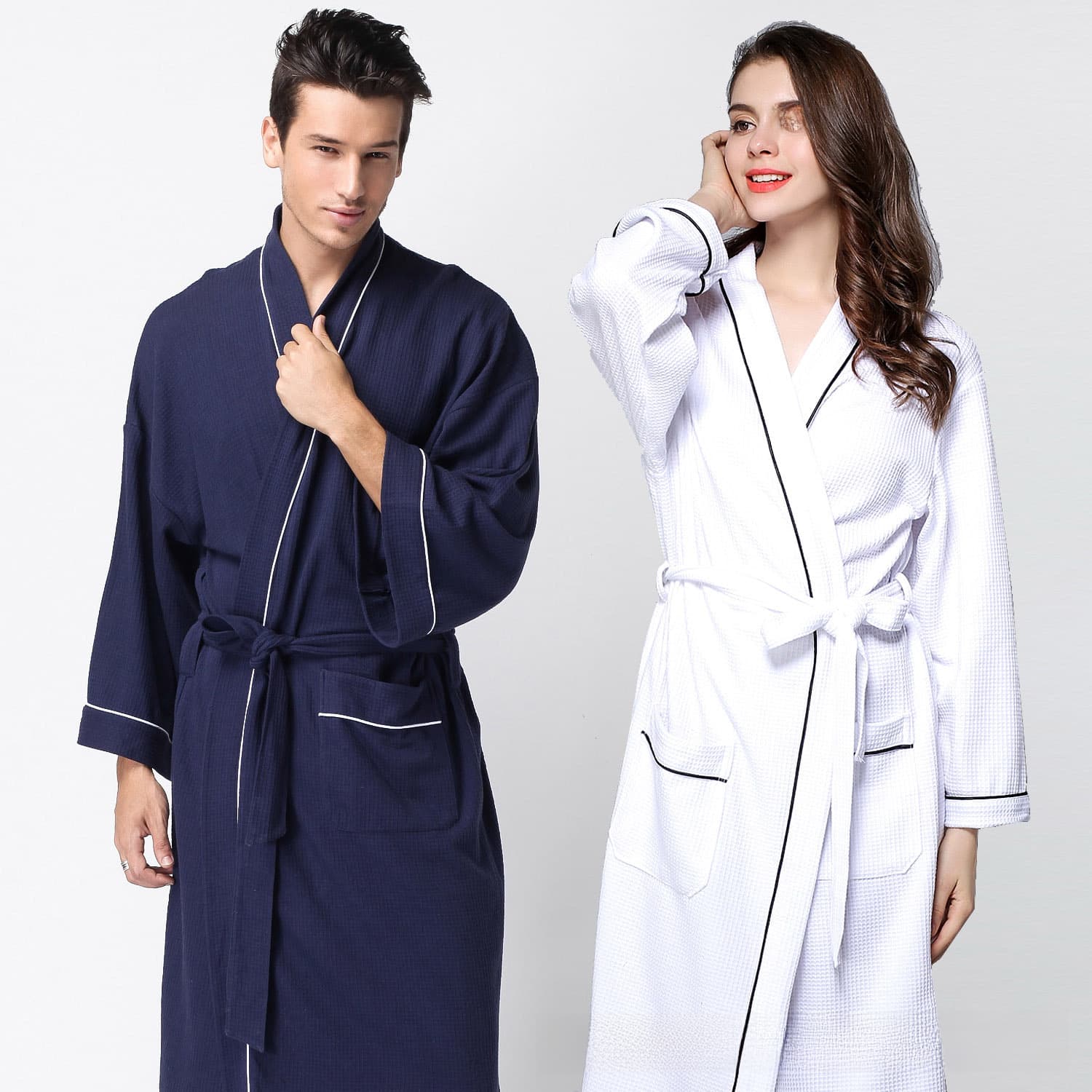 Ensemble de peignoirs en coton pour couple - Peignoirs gaufrés pour hôtel (XL)