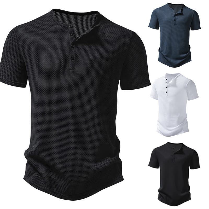 Men's Summer Breathable Quick-Dry Button-Up Shirt Casual Solid Color Polo Shirt Cool Mesh Short Sleeve