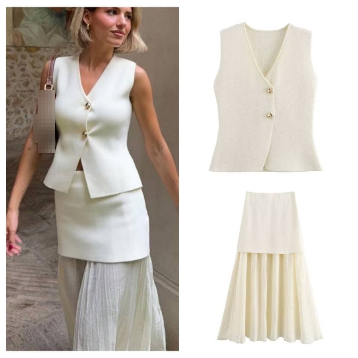 Elegant Solid Color Knit Vest & Pencil Skirt Set – High-Waisted Office Dress For Women (Summer Essentials)