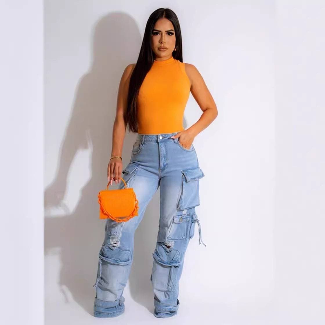 Women's Clothing Women's New Retro Casual Hole Workwear Wide Leg Multi Pocket Jeans