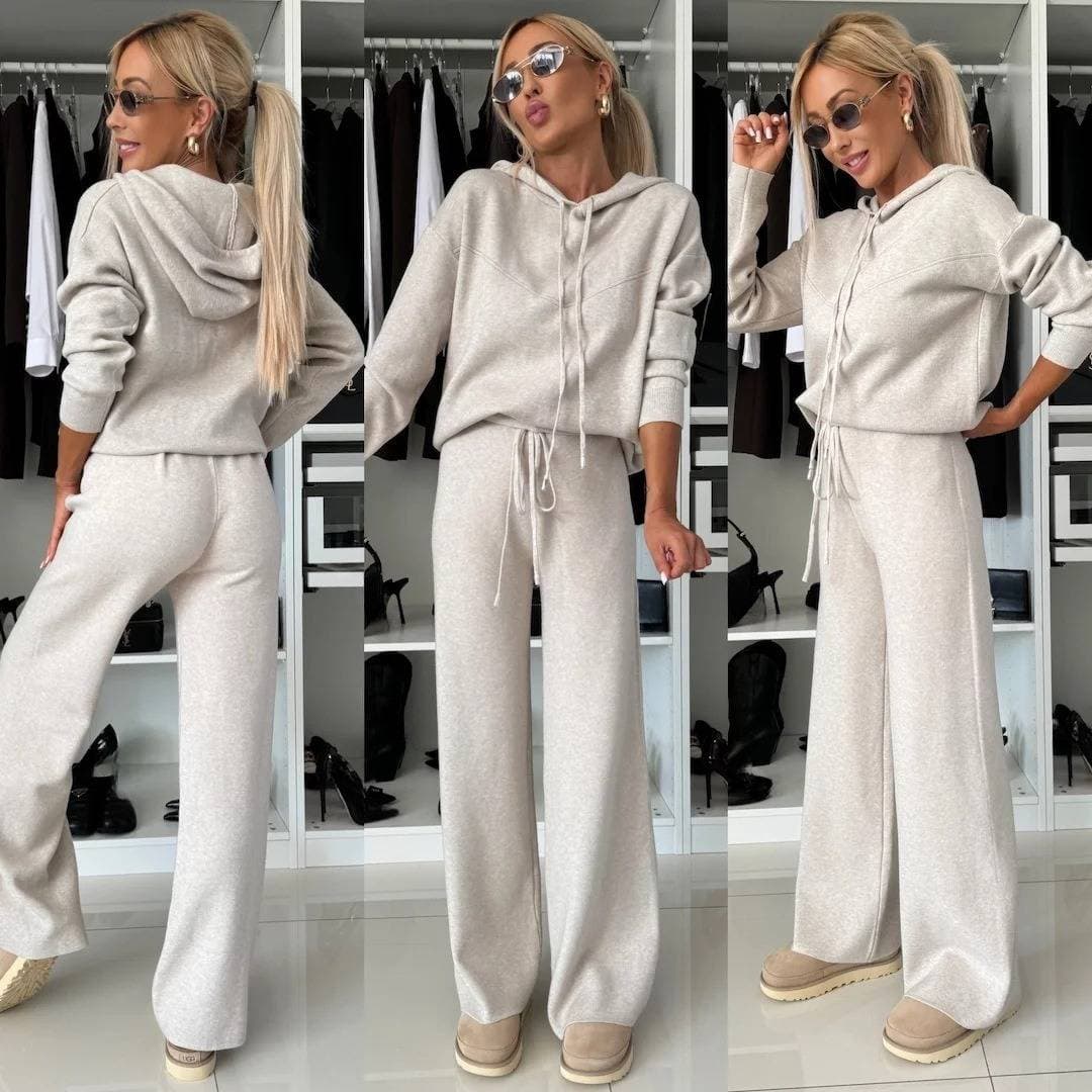 Women's Clothing Autumn And Winter New Leisure Suits For Women Solid Color Hooded Long Sleeved Sweatshirt With Drawstring Wide Leg Pants Two Piece Set