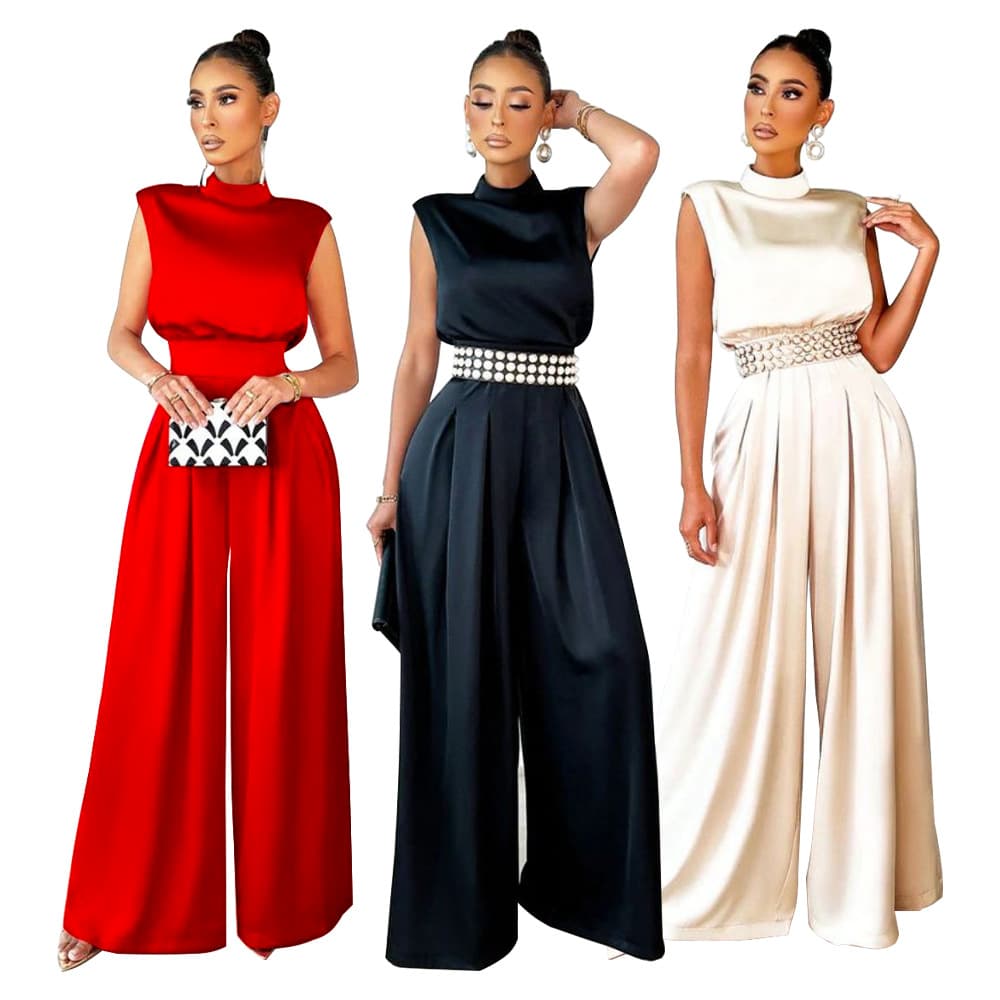 Women's Fashion Wide Leg Pants Solid Color High Collar Sleeveless Waist Jumpsuit