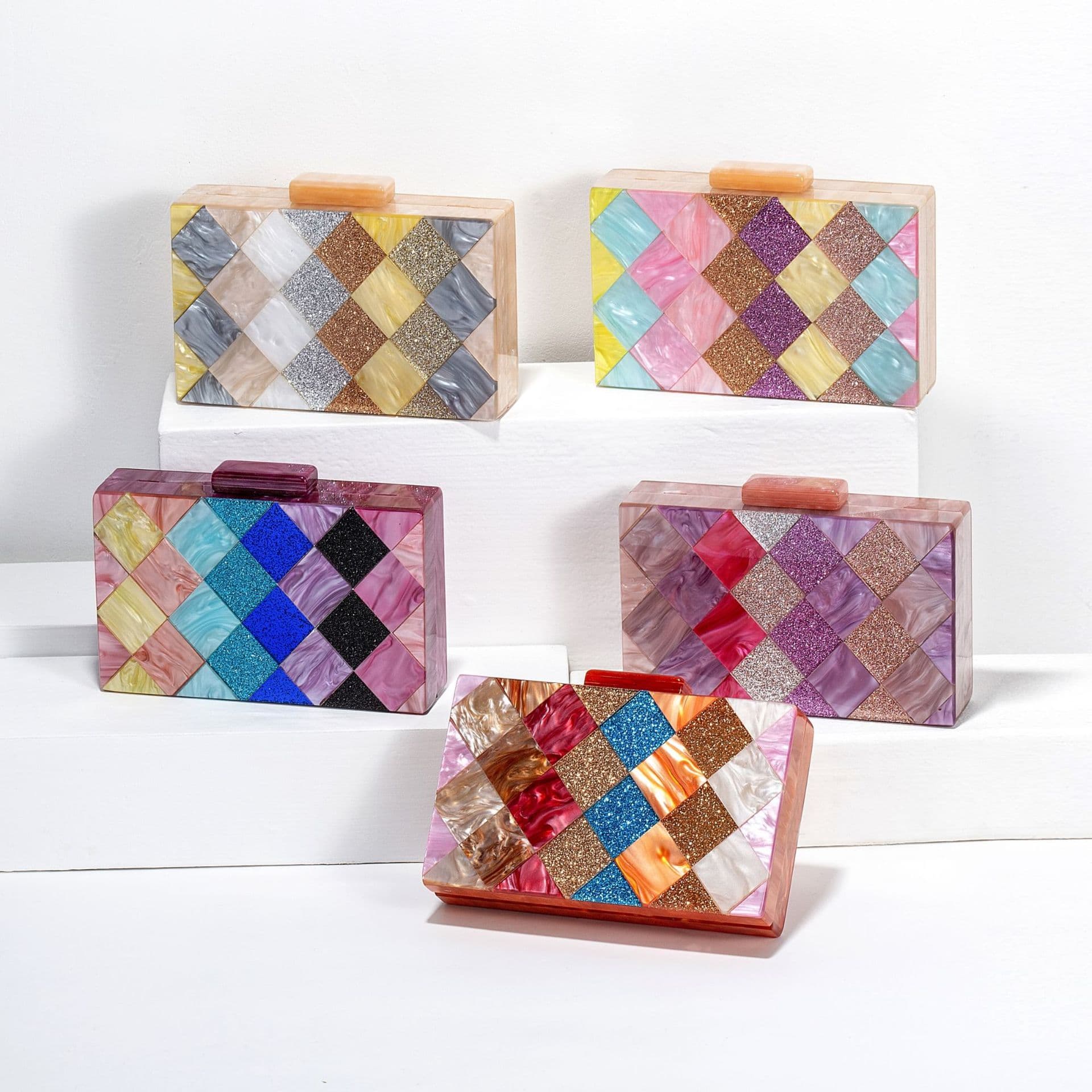Women's Handbag Contrast Stitching Acrylic Dinner Bag One Shoulder Diagonal Wedding Party Clutch Bag
