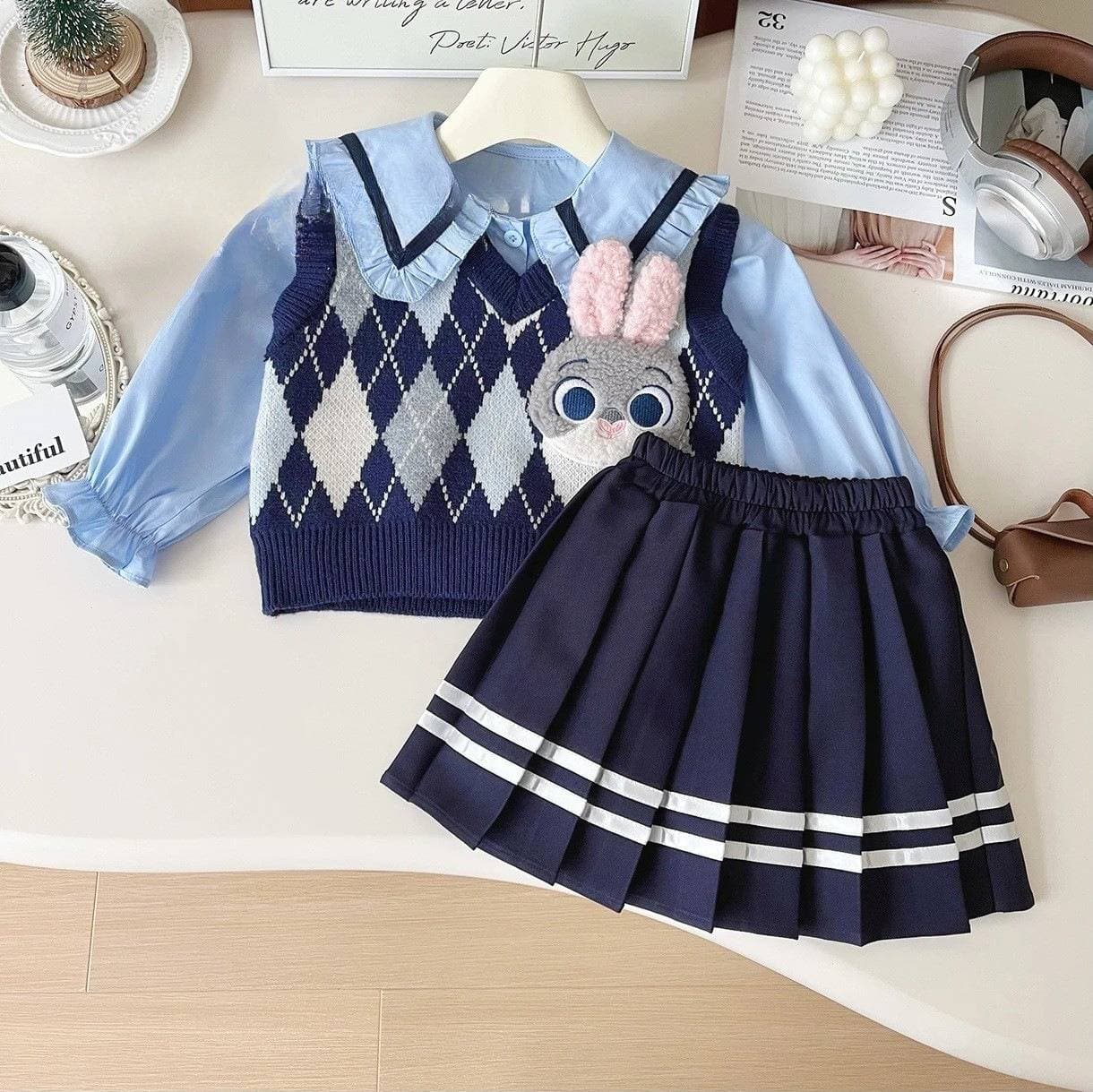 Mother & Kids Girls Rabbit Police Officer Uniform Cute Suit Children's Knitted Vest Skirt Suit